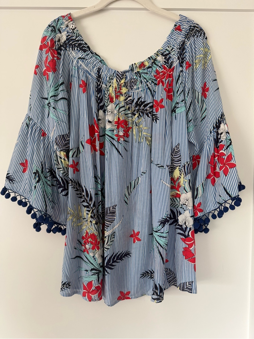 grand & greene Blue Striped Off-Shoulder Floral Top with Navy Pom-Pom Trim